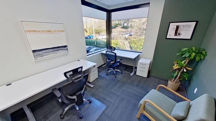 Medium exterior windowed office with new furniture at Ideal Spaces Bellevue